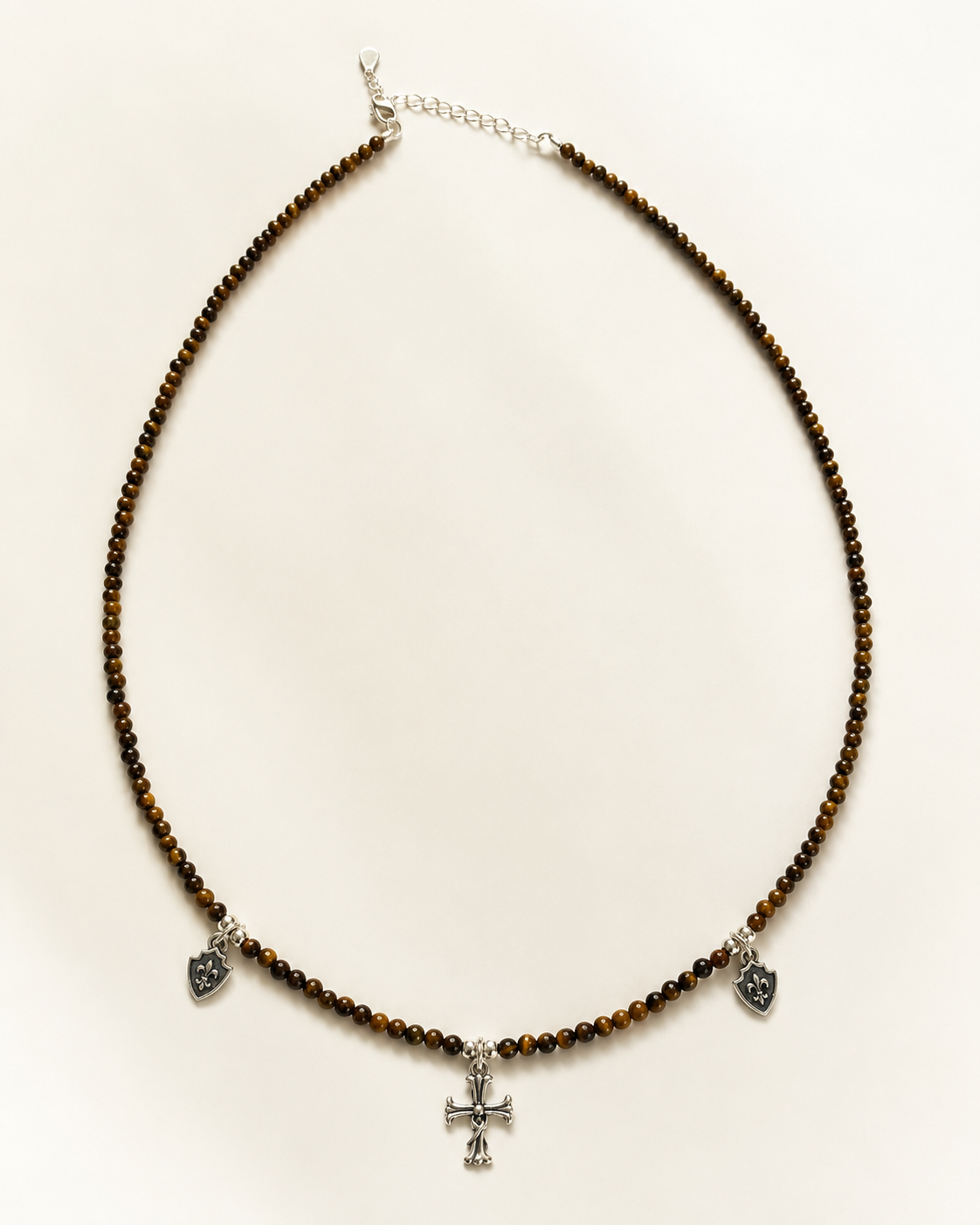 Tiger’s Eye Cross Charm Beaded Necklace full product view by La Tiera