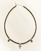 Tiger’s Eye Cross Charm Beaded Necklace full product view by La Tiera