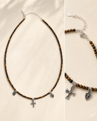 Tiger’s Eye Cross Charm Beaded Necklace lobster clasp, adjustable chain, and charm detail