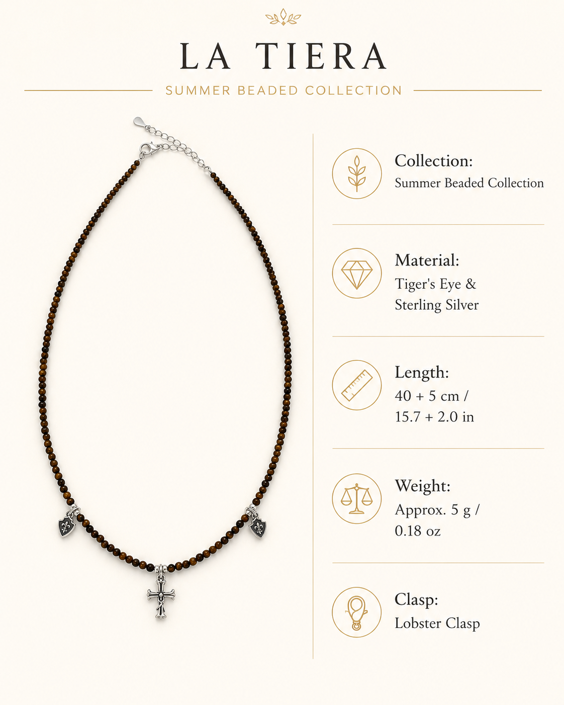 Tiger’s Eye Cross Charm Beaded Necklace size and material guide